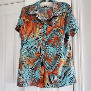 Hawaiian Shirt, Tropical Print Teal And Orange Small